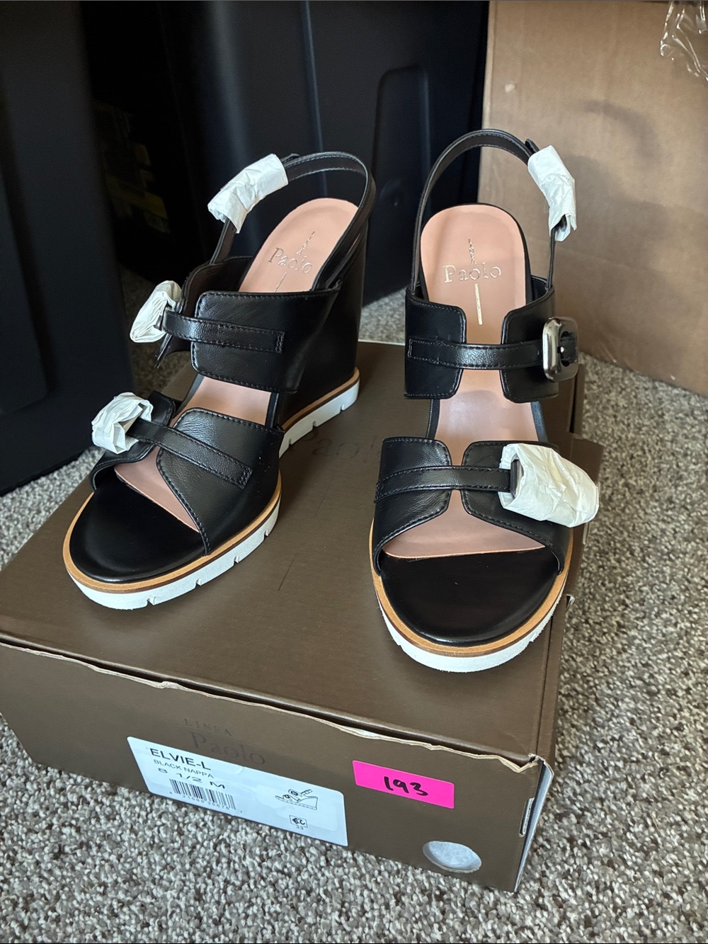 Paolo Black Leather Wedge Sandals with White Outsole